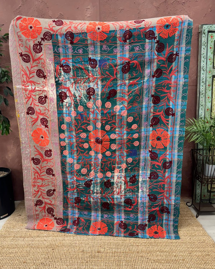 Vintage Hand-Embroidered Kantha Throw – Pomegranate Motif in Deep Brown & Fiery Orange