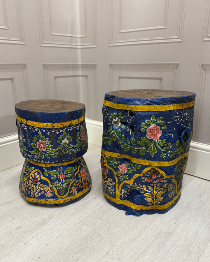 Pair of Authentic Vintage Hand-Painted Mango Wood Stools / Side Tables – Blue Distressed Finish