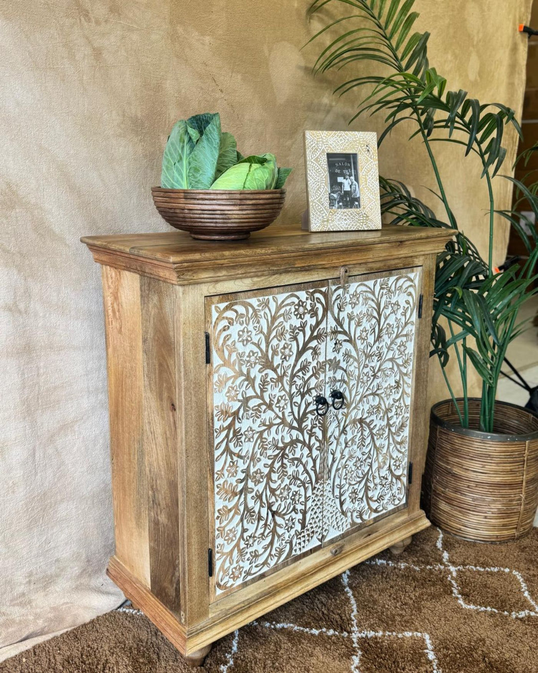 Hand-Carved Mango Wood Sideboard – Tree of Life Design in Natural Whitewashed Finish