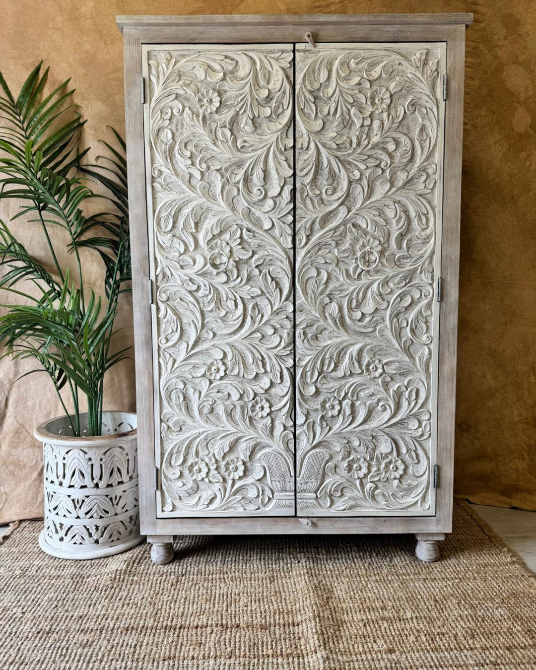 Hand-Carved Mango Wood Wardrobe – Tree of Life Design