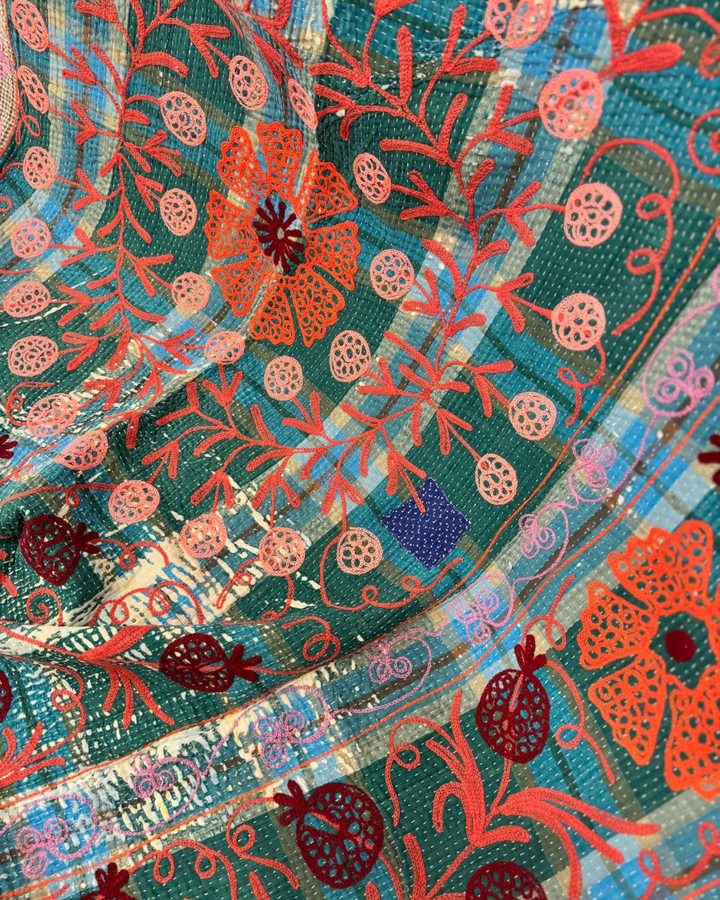 Vintage Hand-Embroidered Kantha Throw – Pomegranate Motif in Deep Brown & Fiery Orange