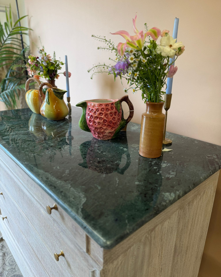 Large Whitewashed Mango Wood Chest of Drawers with Dark Green Marble Top