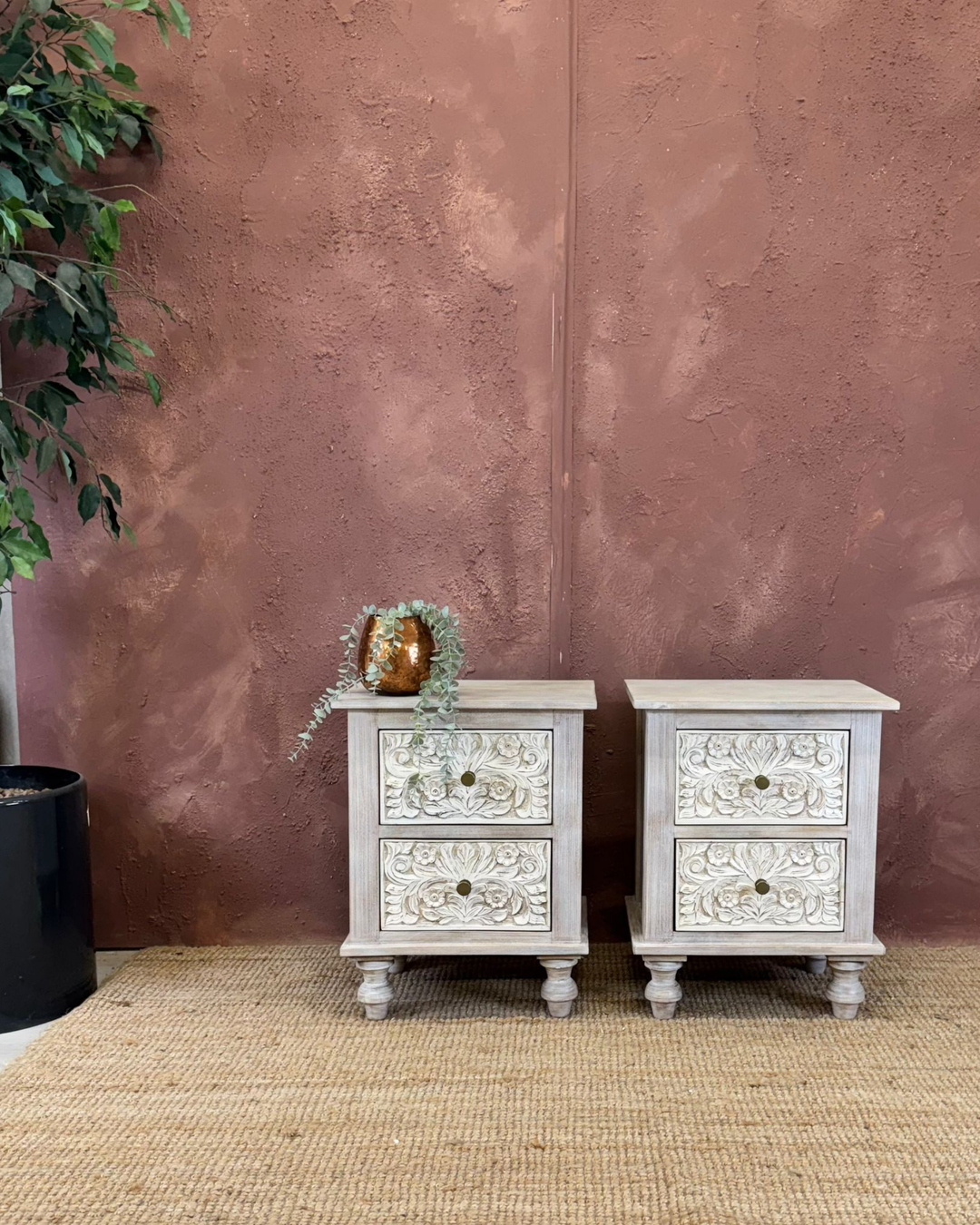 Pair of Hand-Carved Mango Wood Bedside Tables - Whitewashed Finish