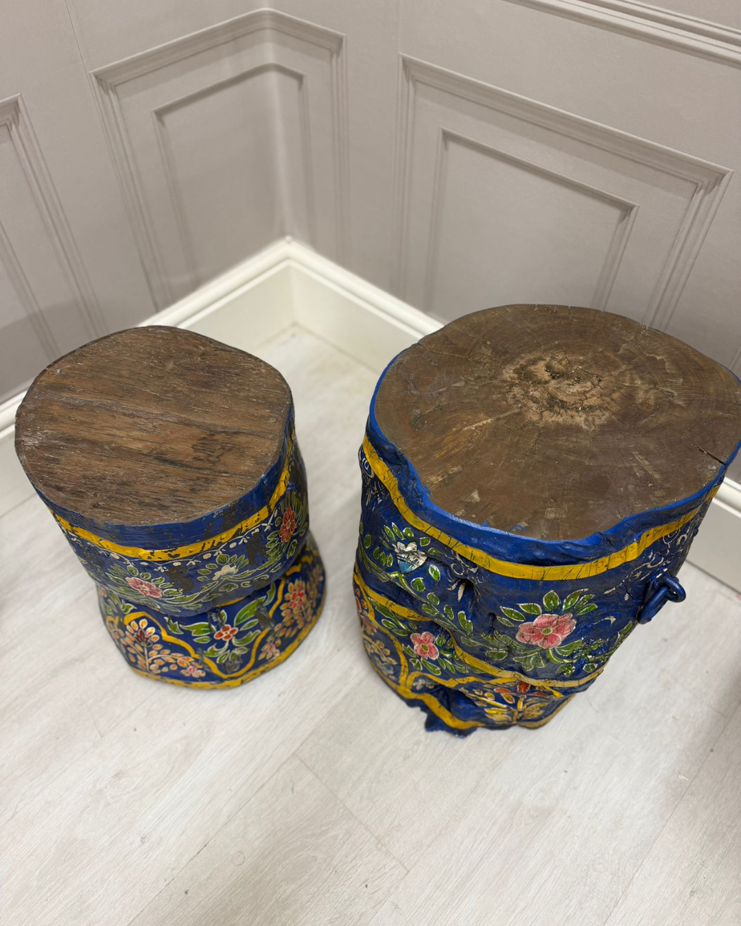 Pair of Authentic Vintage Hand-Painted Mango Wood Stools / Side Tables – Blue Distressed Finish