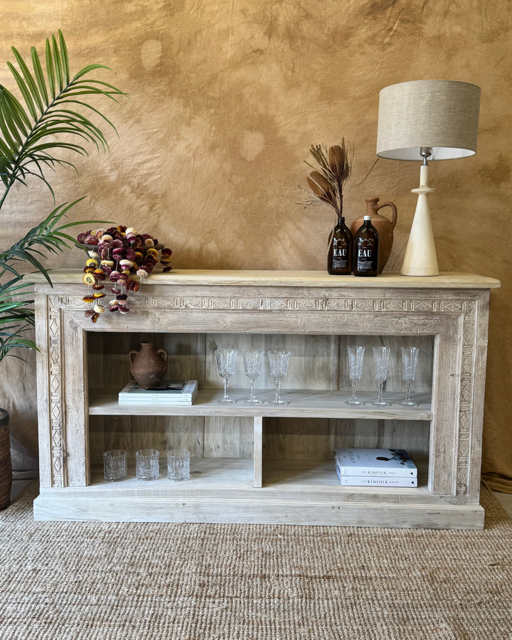 Hand-Carved Recycled Teak Console Table – Natural Finish with Shelving