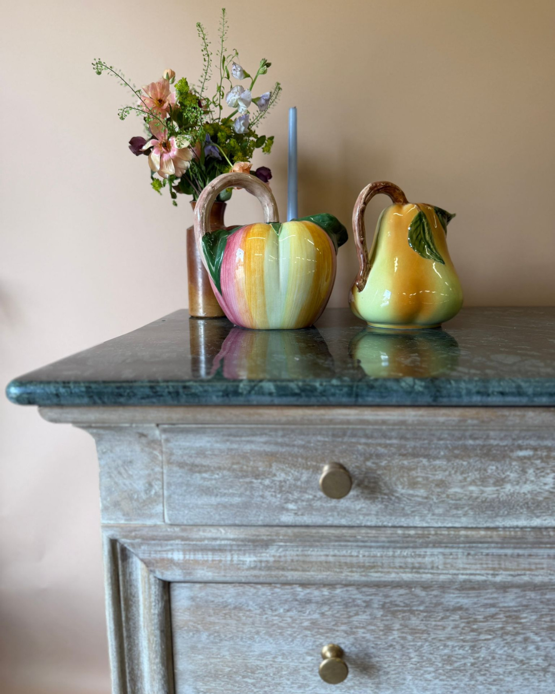Large Whitewashed Mango Wood Chest of Drawers with Dark Green Marble Top