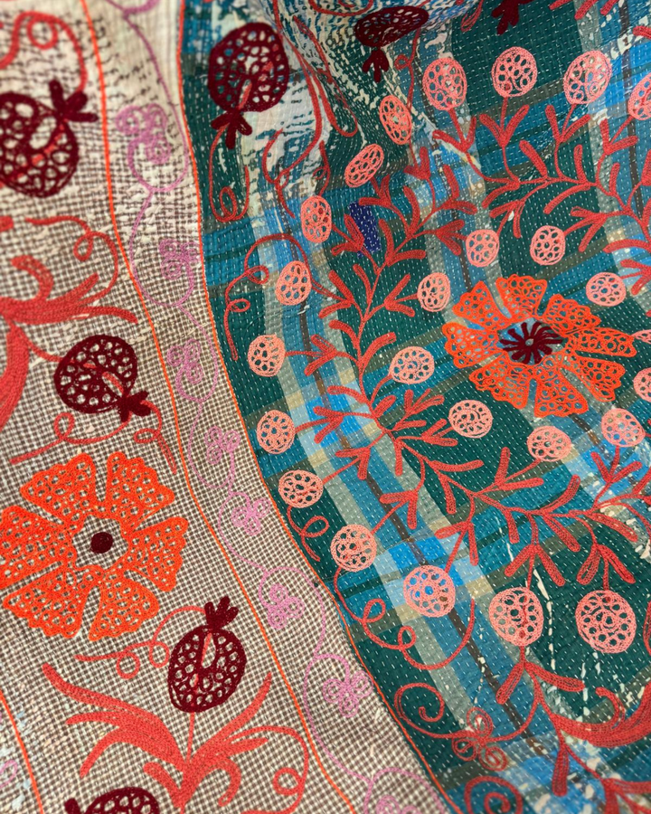Vintage Hand-Embroidered Kantha Throw – Pomegranate Motif in Deep Brown & Fiery Orange