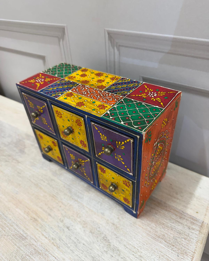 Hand-Painted Mango Wood Jewellery Box – 6 Drawer Trinket Chest with Floral Detail