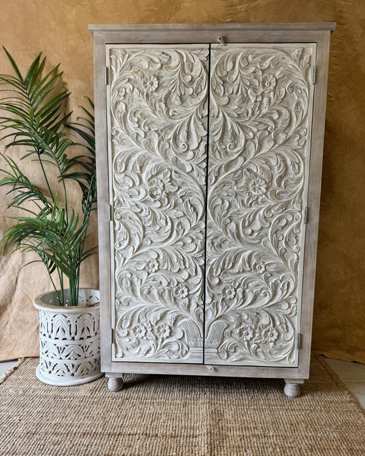 Hand-Carved Mango Wood Wardrobe – Tree of Life Design