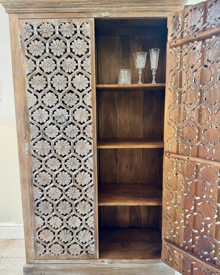 Hand-Carved Mango Wood Armoire – Petal Motif with Internal Shelving