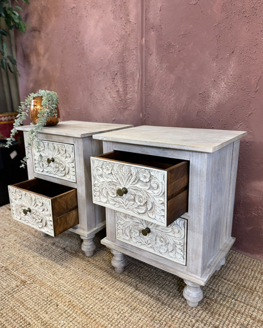 Pair of Hand-Carved Mango Wood Bedside Tables - Whitewashed Finish