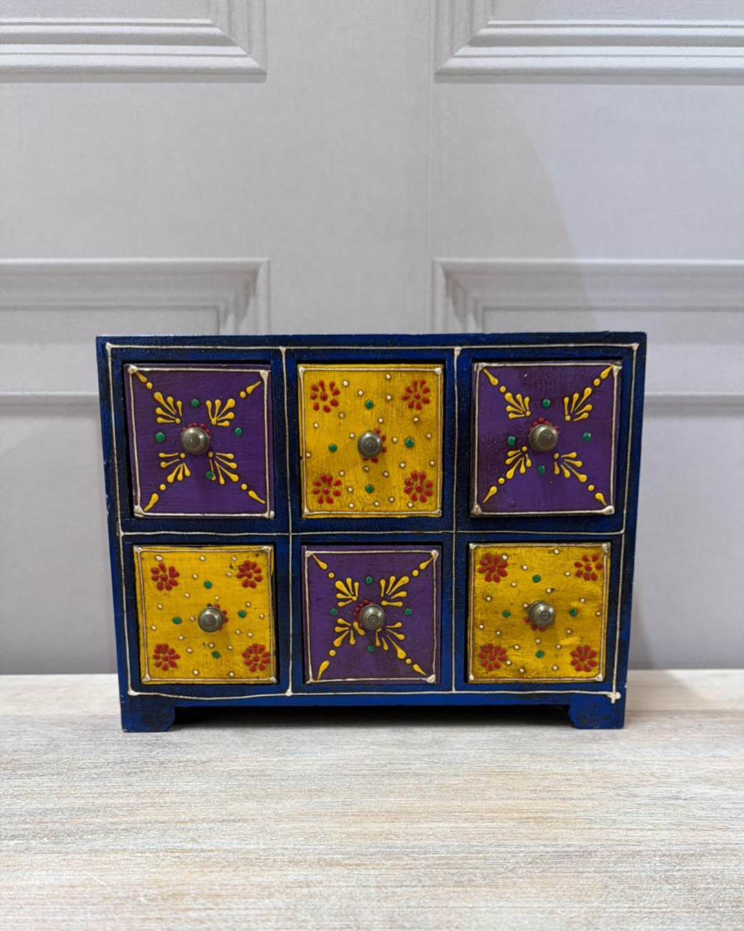 Hand-Painted Mango Wood Jewellery Box – 6 Drawer Trinket Chest with Floral Detail
