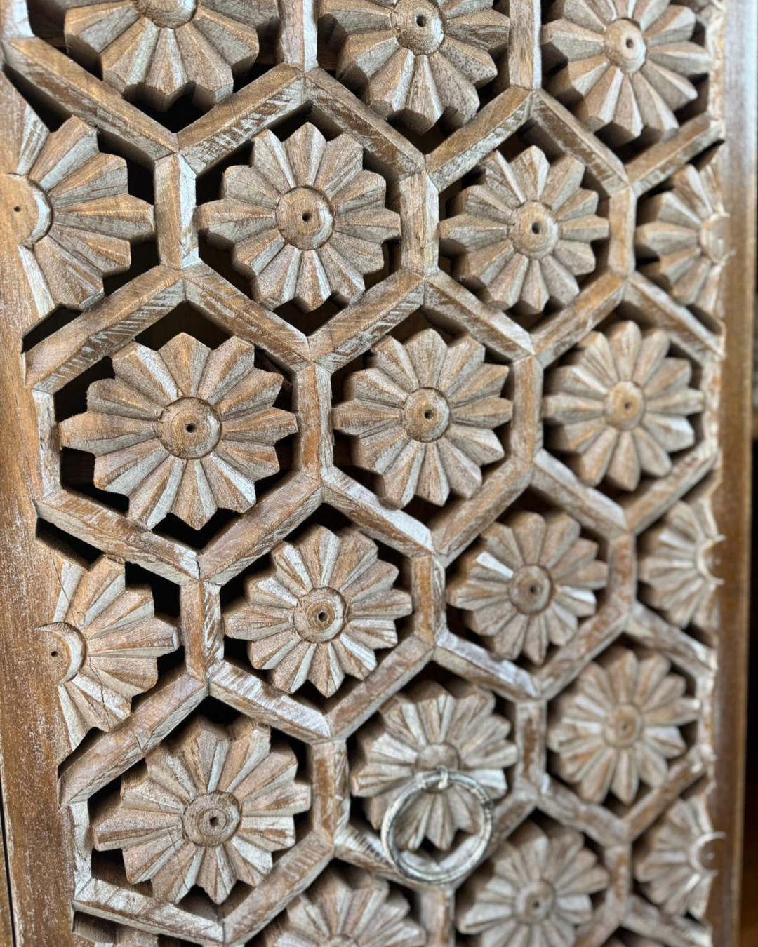 Hand-Carved Mango Wood Armoire – Petal Motif with Internal Shelving