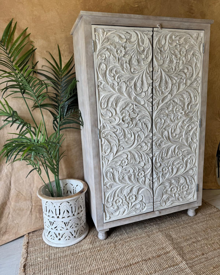 Hand-Carved Mango Wood Wardrobe – Tree of Life Design