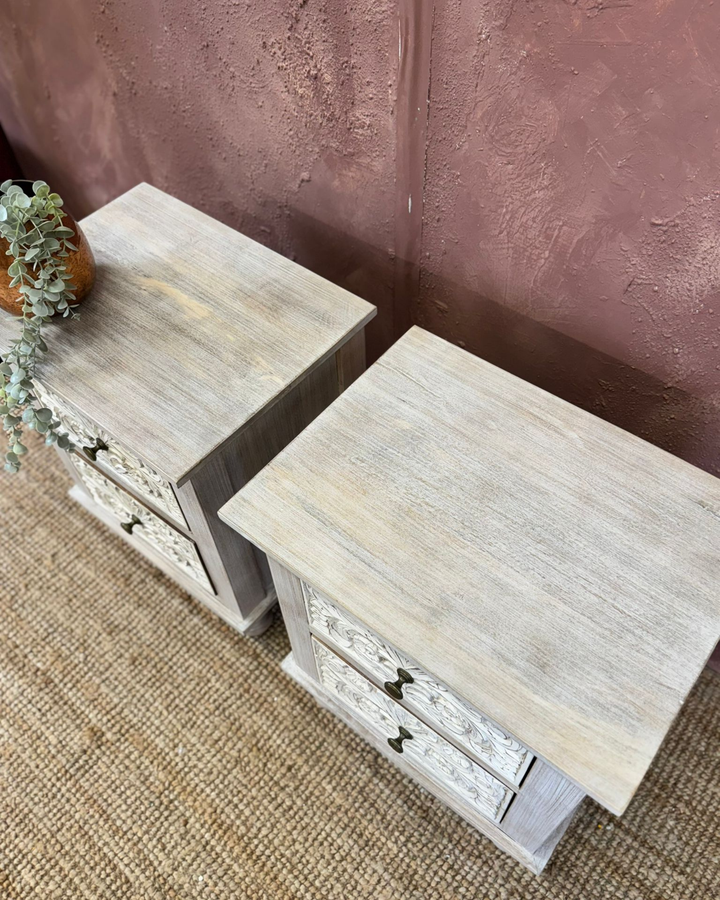 Pair of Hand-Carved Mango Wood Bedside Tables - Whitewashed Finish