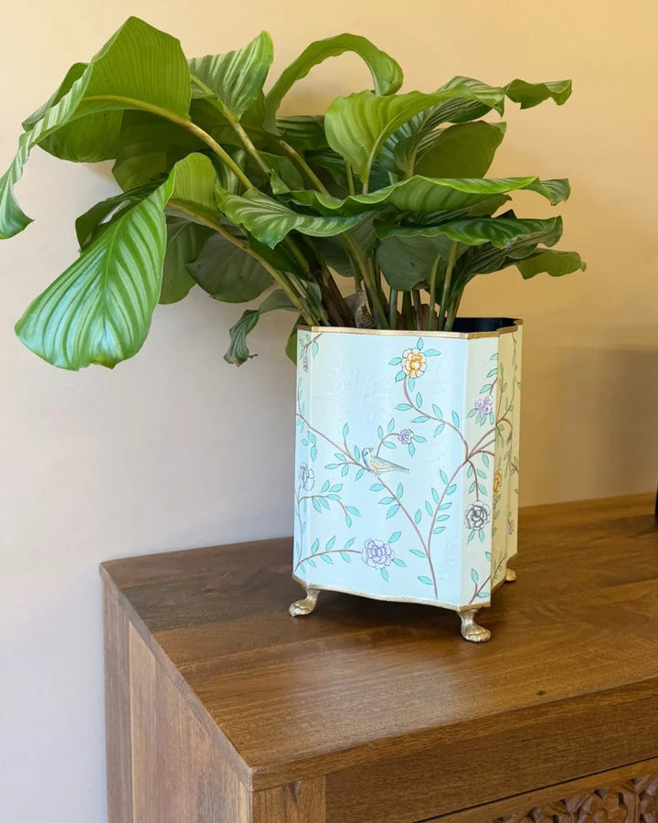 Botanical Floral Iron Planter – Pastel Turquoise Decorative Plant Pot