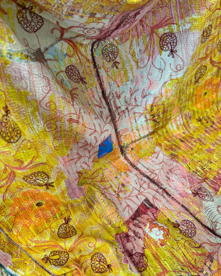 Vintage Hand-Embroidered Kantha Throw – Pomegranate Motif in Deep Brown & Fiery Orange