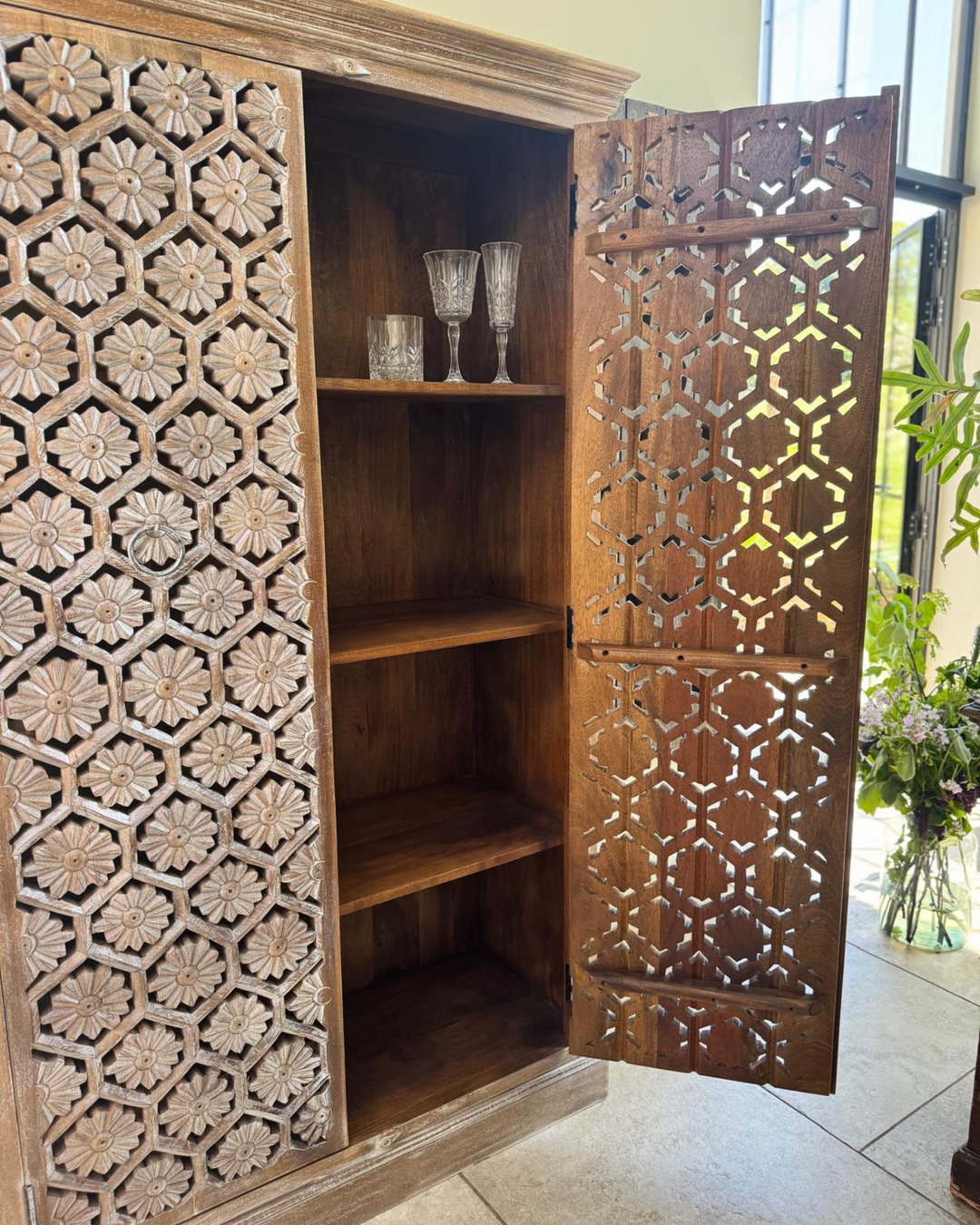 Hand-Carved Mango Wood Armoire – Petal Motif with Internal Shelving