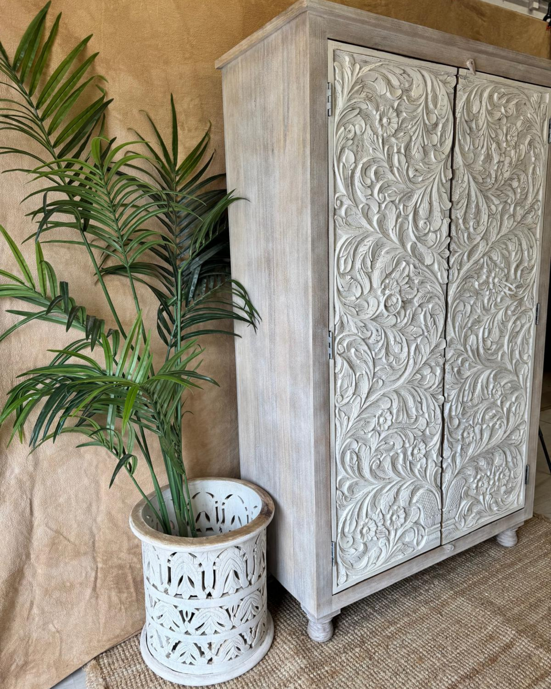 Hand-Carved Mango Wood Wardrobe – Tree of Life Design