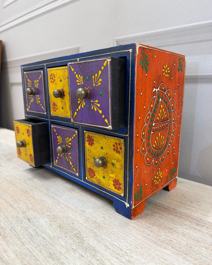 Hand-Painted Mango Wood Jewellery Box – 6 Drawer Trinket Chest with Floral Detail