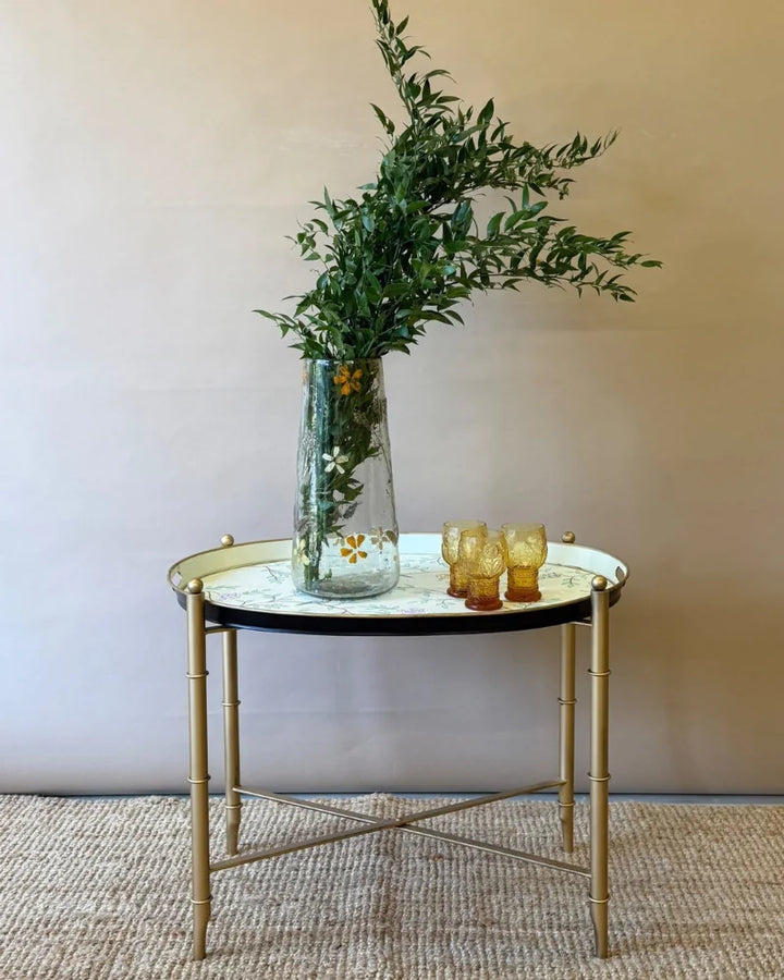 Botanical Floral Metal Tray Table – Pastel Turquoise &amp; Gold Iron Side Table