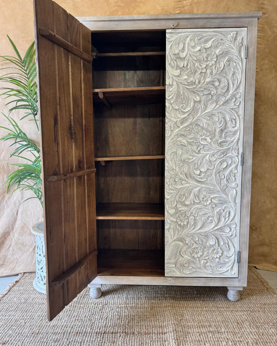 Hand-Carved Mango Wood Wardrobe – Tree of Life Design