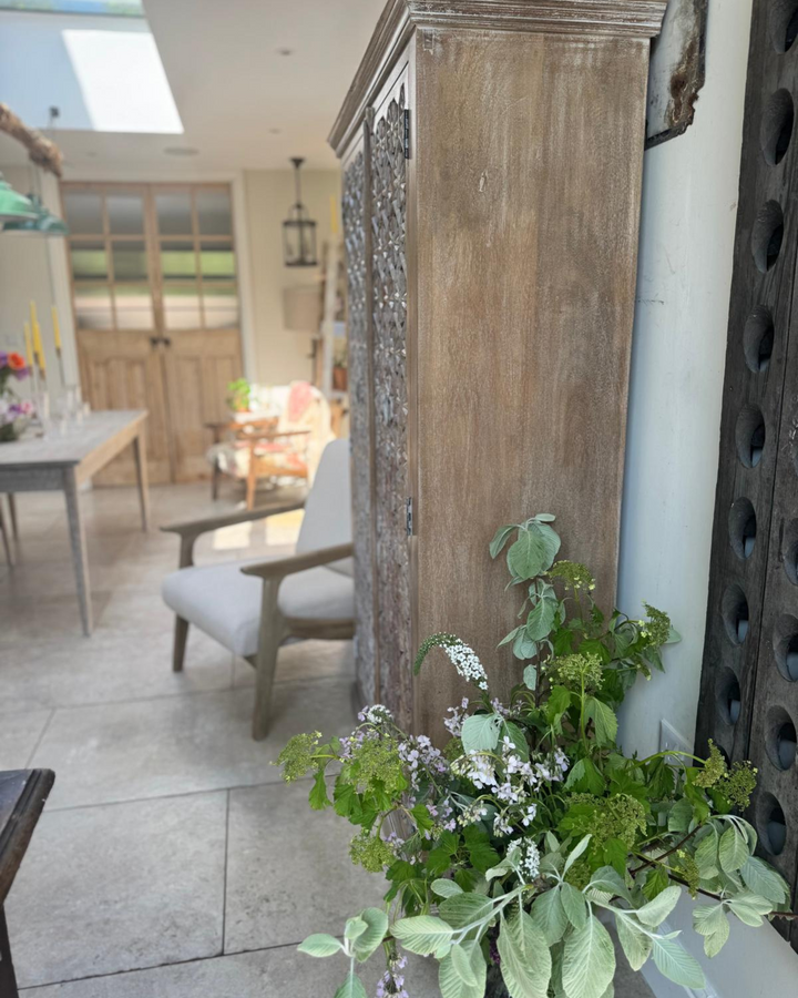 Hand-Carved Mango Wood Armoire – Petal Motif with Internal Shelving