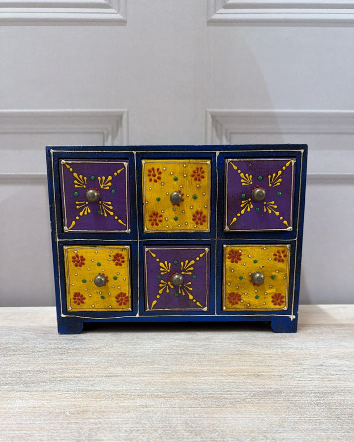 Hand-Painted Mango Wood Jewellery Box – 6 Drawer Trinket Chest with Floral Detail