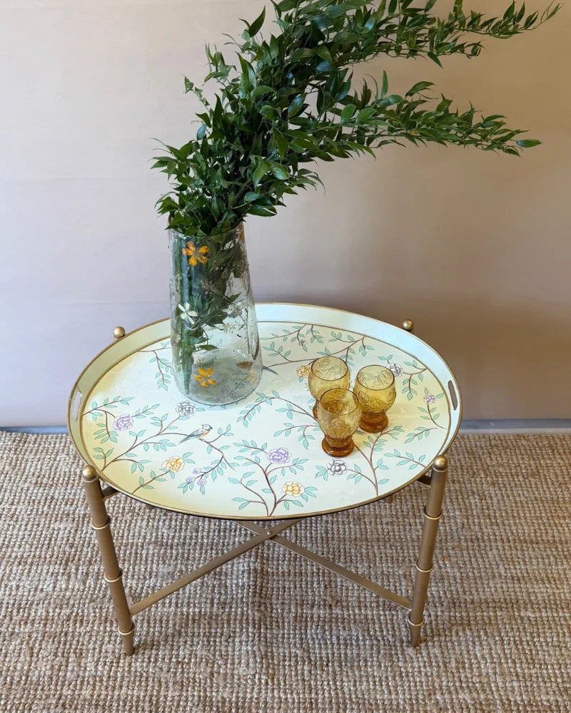 Botanical Floral Metal Tray Table – Pastel Turquoise &amp; Gold Iron Side Table