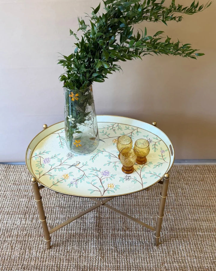 Botanical Floral Metal Tray Table – Pastel Turquoise &amp; Gold Iron Side Table