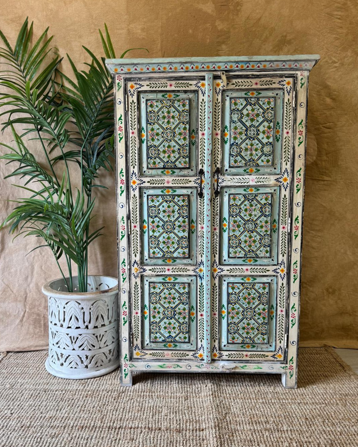 Hand-Painted Mango Wood Armoire – Vintage Floral Panel Design in Turquoise & Ivory