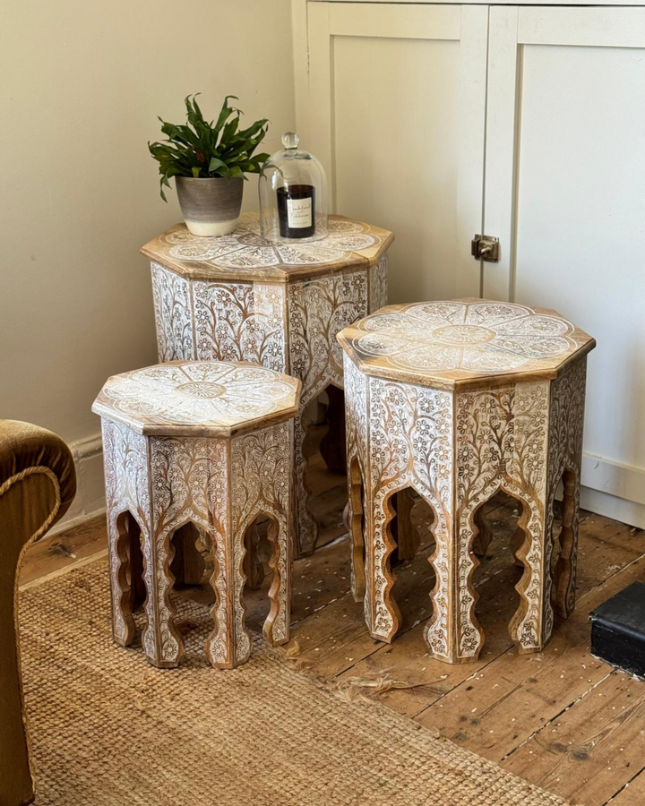 Octagonal Indian Side Table Set – Hand-Painted White Floral Artwork