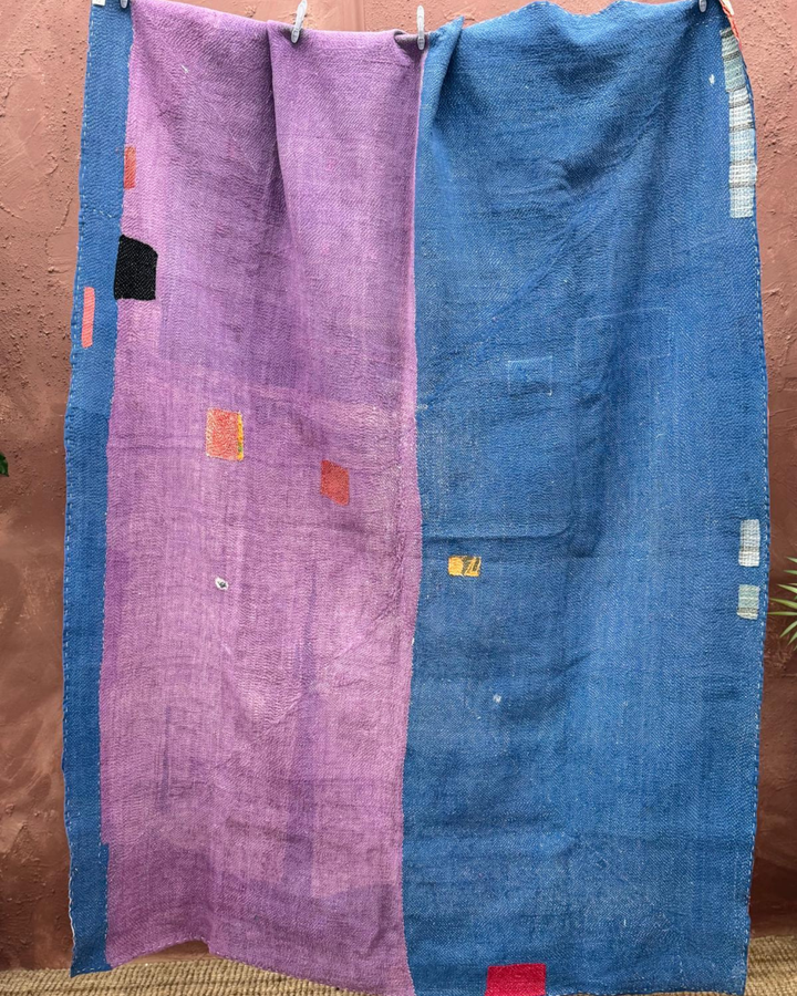 Vintage Hand-Embroidered Kantha Throw – Embroidered Sari in Cream with Indigo & Ochre Accents