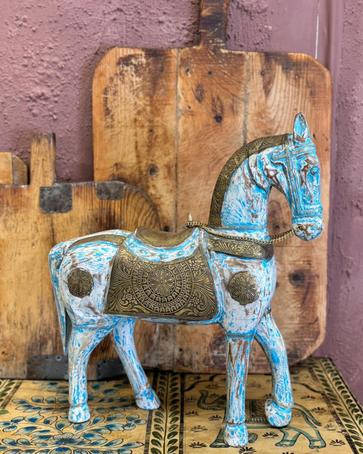 Blue Hand-Painted & Hand-Carved Mango Wood Horse with Brass Detailing