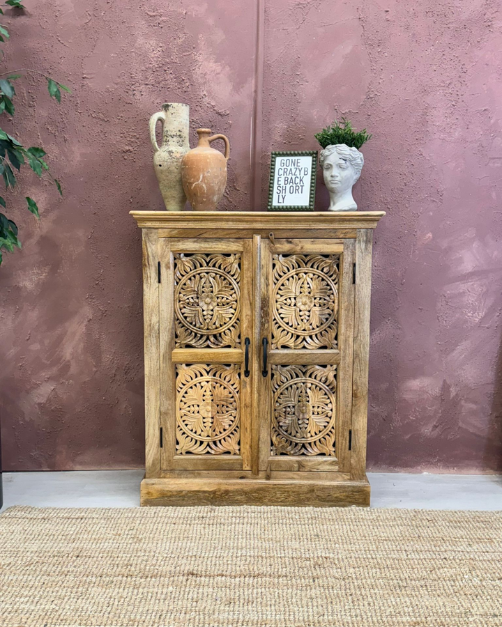 Natural Mango Wood Hand-Carved 2-Door Sideboard