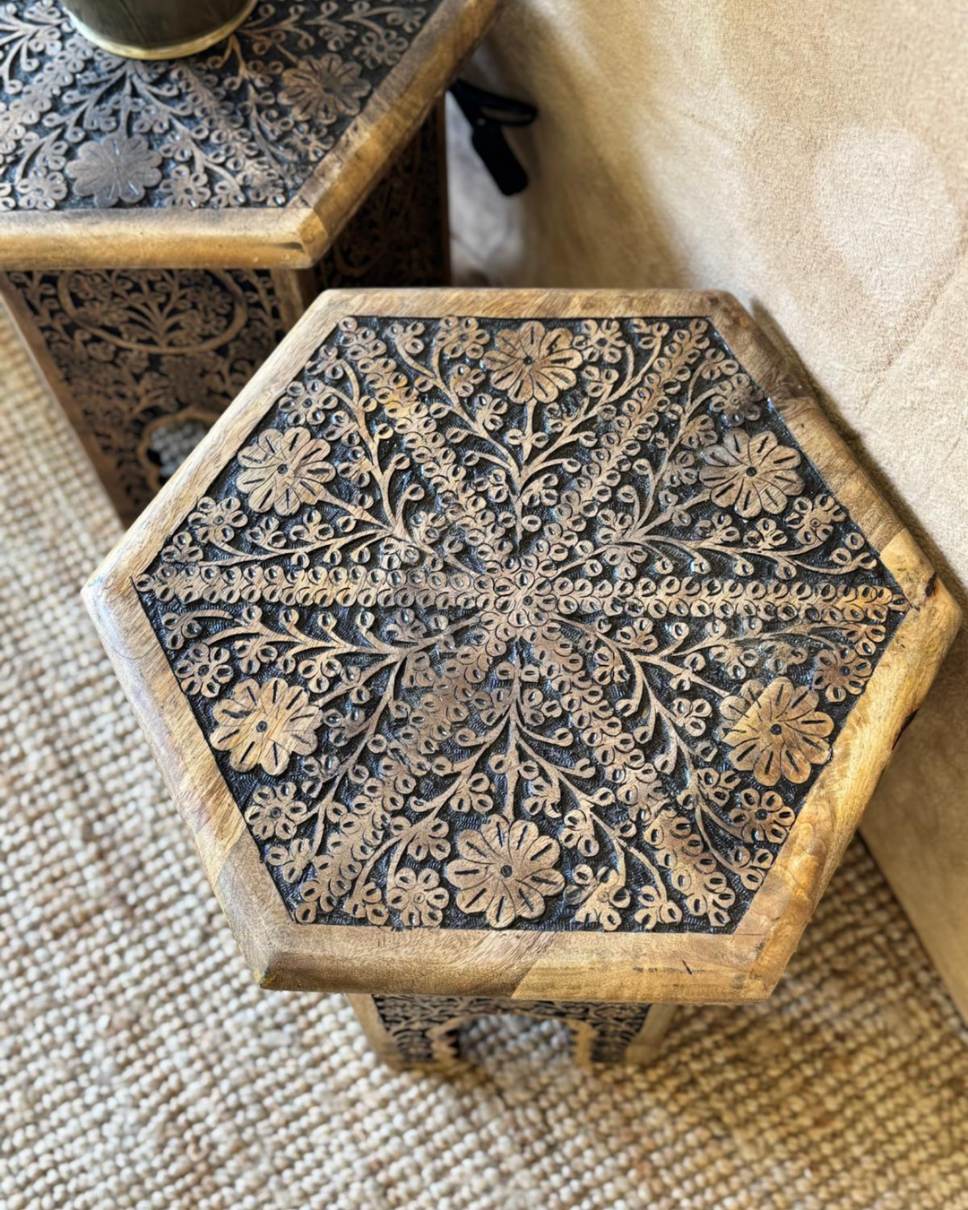 Hand-Carved Hexagonal Mango Wood Table – Black & Natural Finish