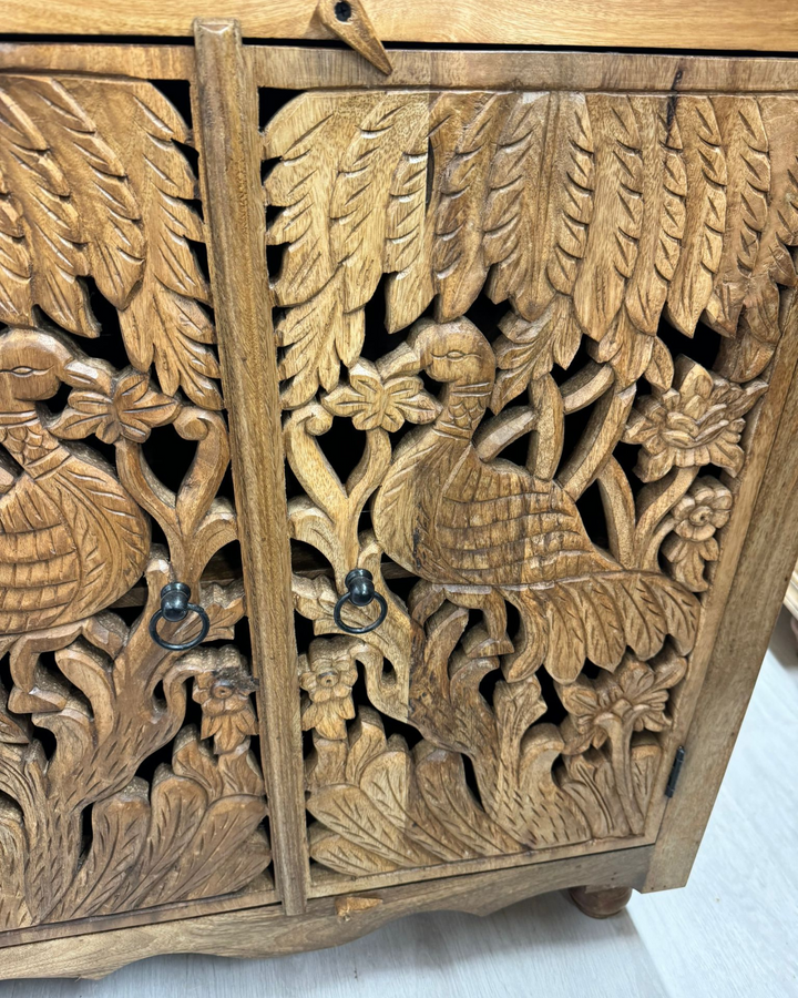 Handcrafted Two Door Peacock Carved Mango Wood Sideboard