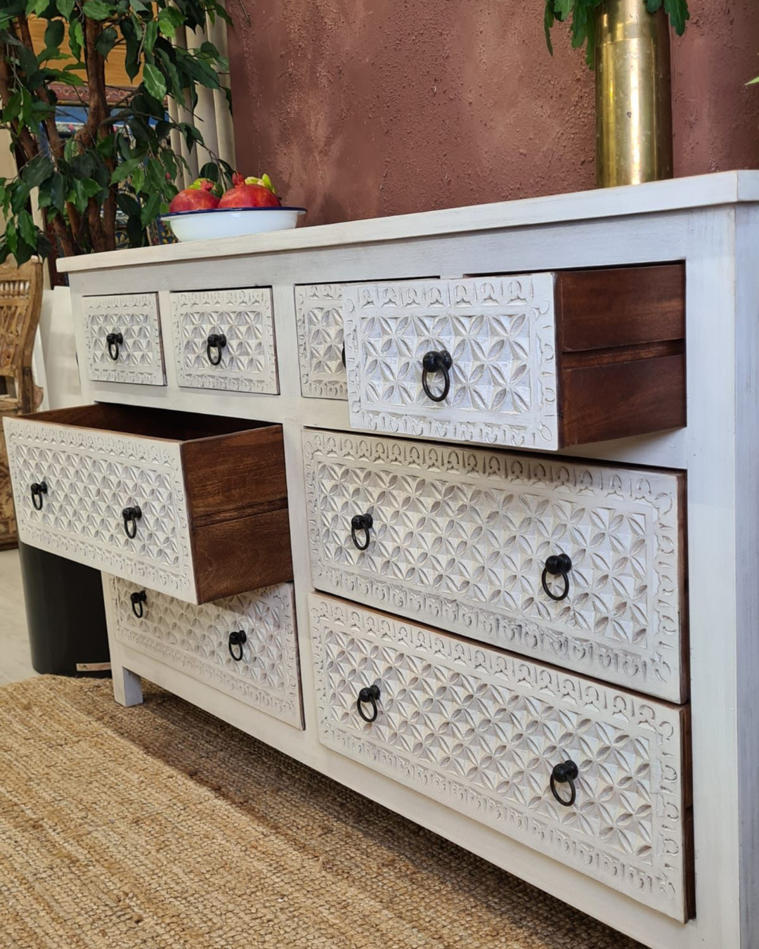 Whitewashed Mango Wood Chest of 8 Hand-Carved Drawers