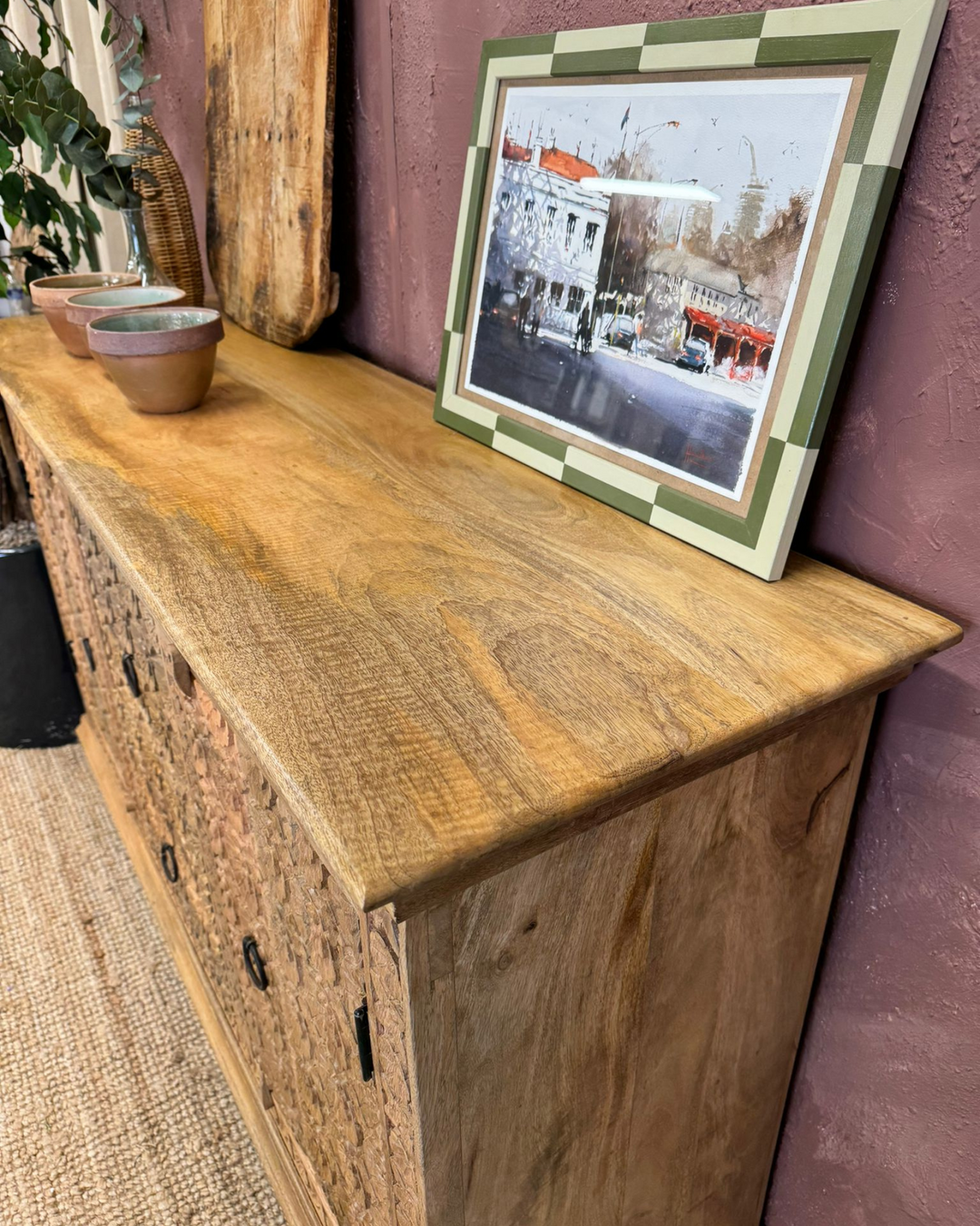 Hand-Carved Flower Design Natural Mango Wood Sideboard