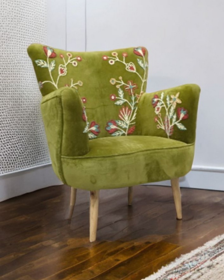 Green Velvet Hand-Embroidered Wingback Armchair & Footstool Set