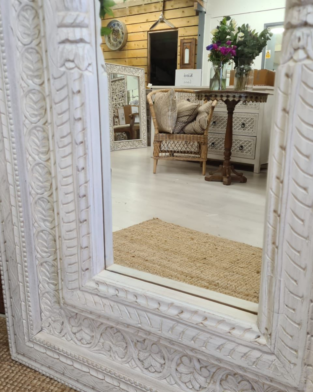 Tall Arch Mango Wood Floor Mirror – Hand-Carved and Whitewashed