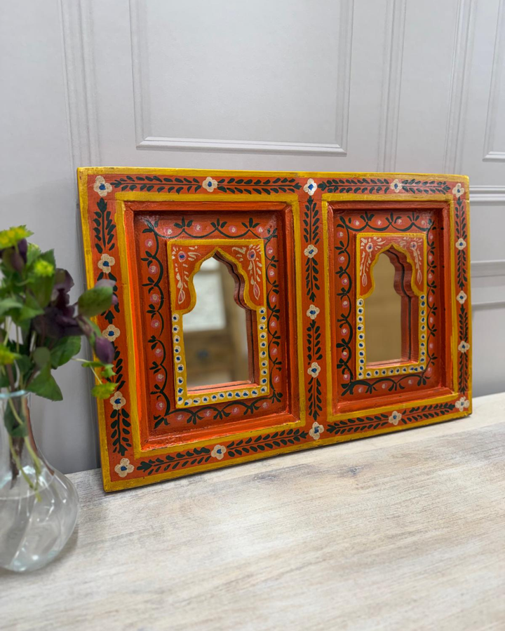 Hand-Painted Vintage Double Mango Wood Mirror – Floral Arch Design
