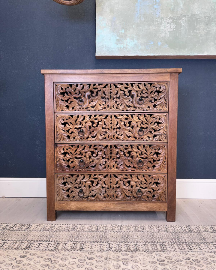 Hand-Carved Mango Wood 4 Drawer Chest