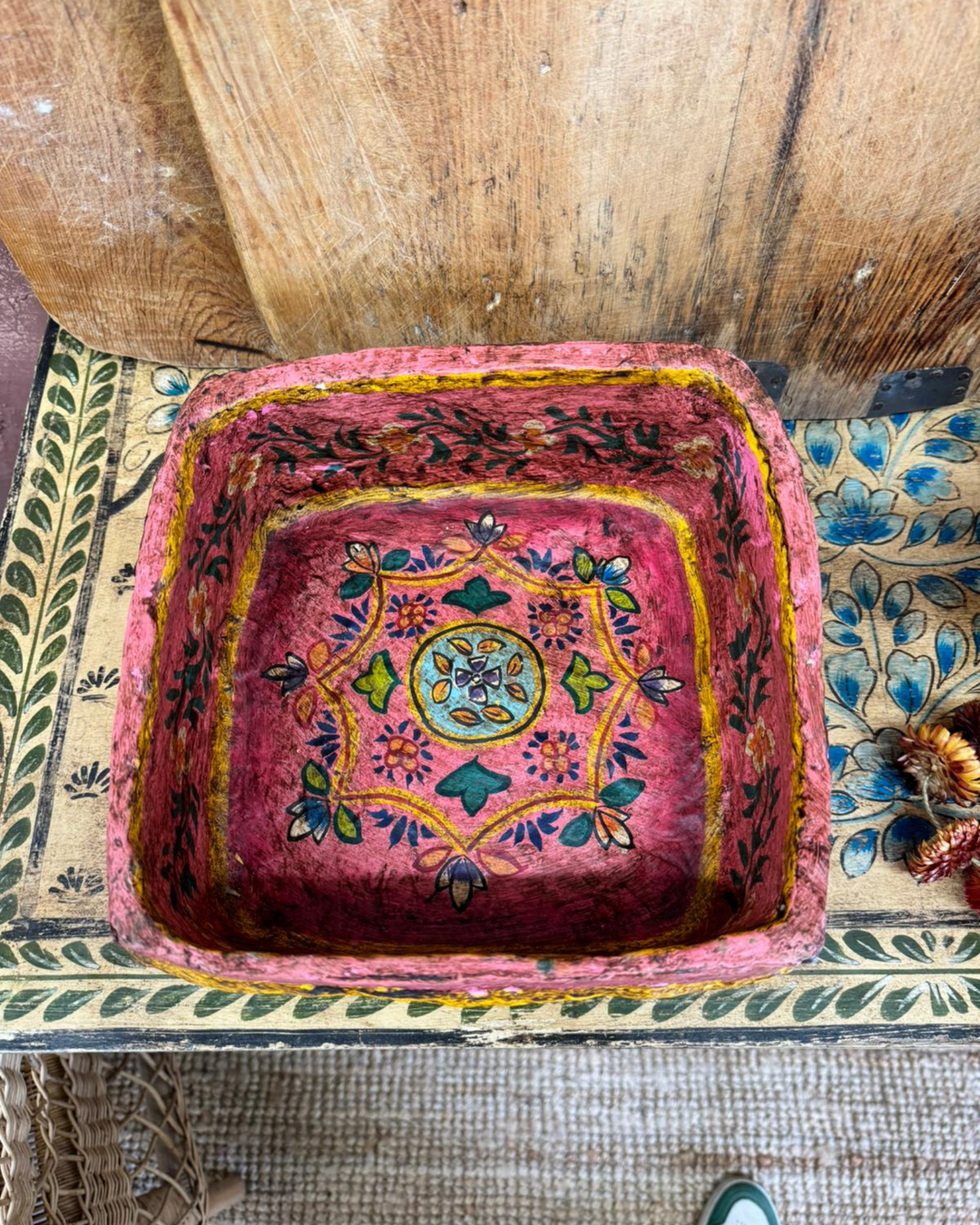 Hand-Painted Pink Paper Mâché Square Decorative Bowl