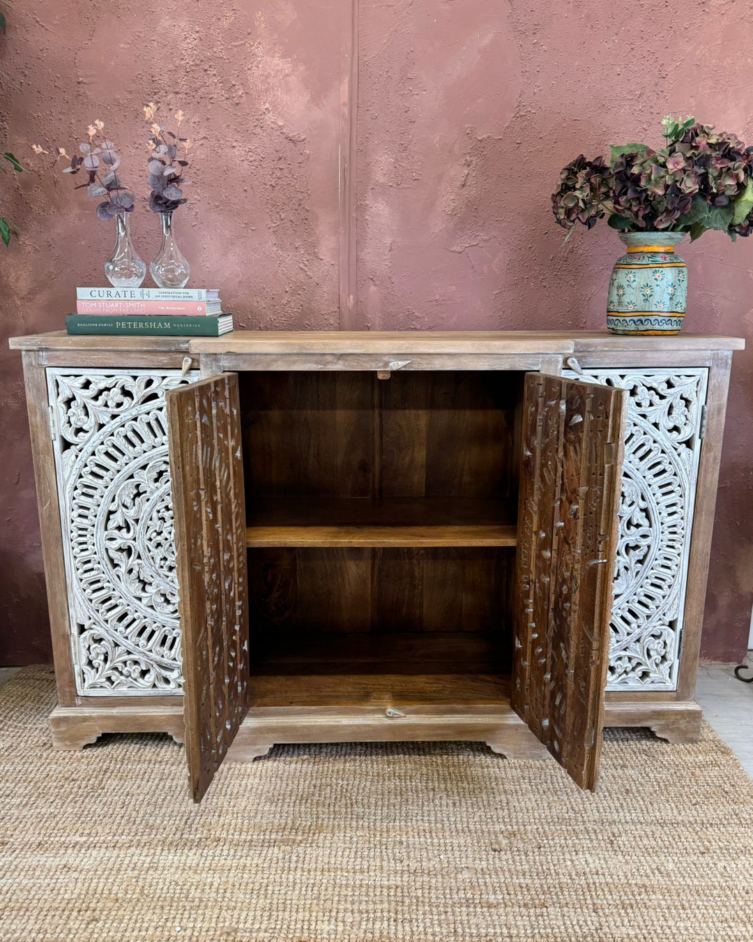 Hand-Carved Mango Wood 4-Door Sideboard with Whitewashed Floral Detailing