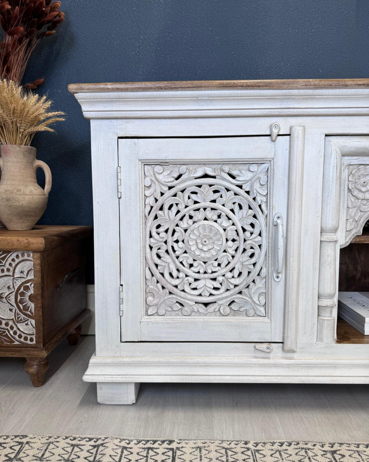 Hand Carved Mango Wood TV Console Table Unit (KHTV09WN)