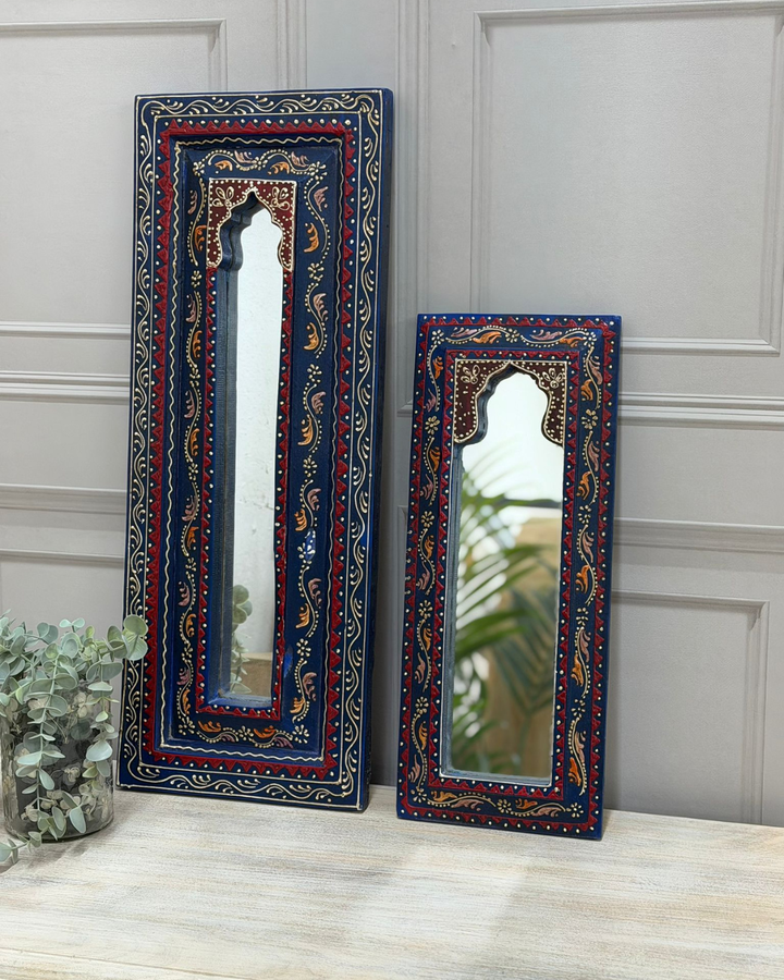 Hand-Painted Vintage Mango Wood Arch Mirrors – Blue Decorative Frame (Set of 2)