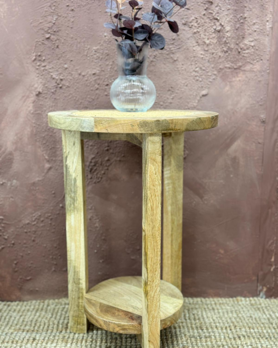 Hand Carved Round Mango Wood Side Table with Shelf