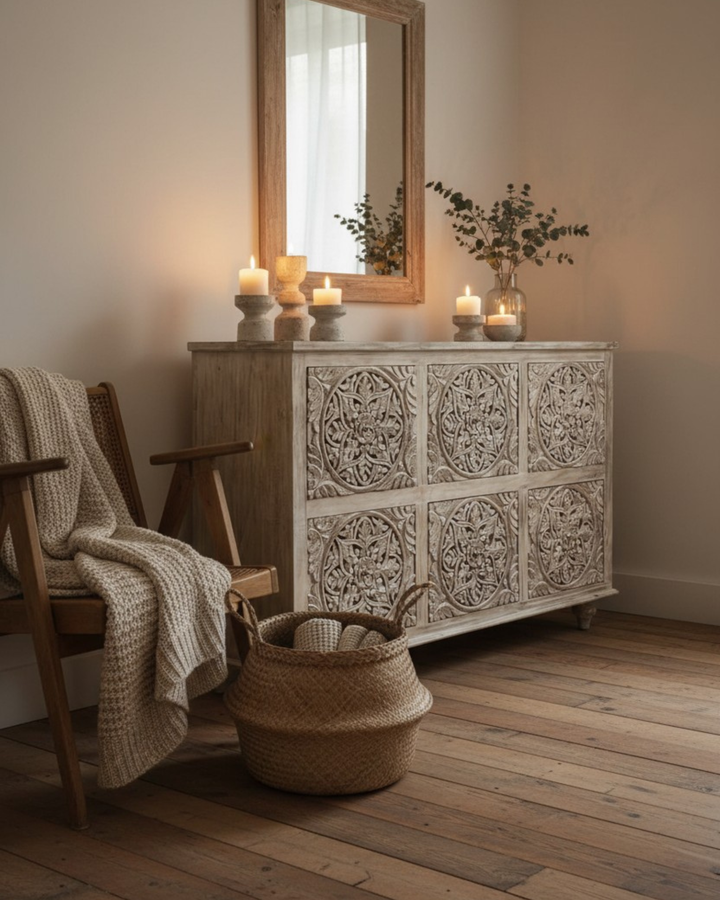 Six Drawer Mango Wood Chest of Drawers – Creamwashed Floral Carving