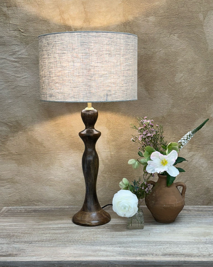 Handcrafted Mango Wood Table Lamp with Linen Shade – Polished Finish